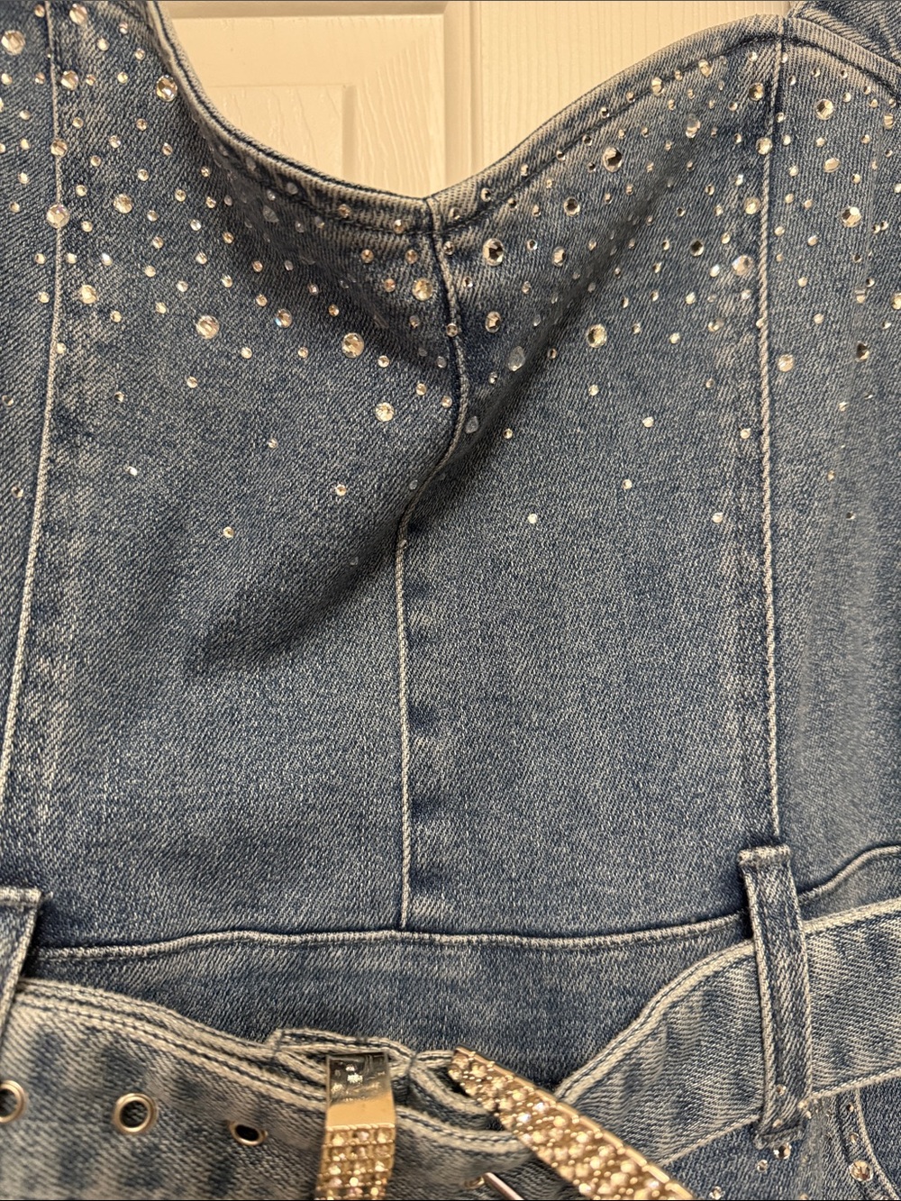 Show me your mummu Rhinestone Detail Denim Jumpsuit with Belt- Blue - Picture 3 of 6